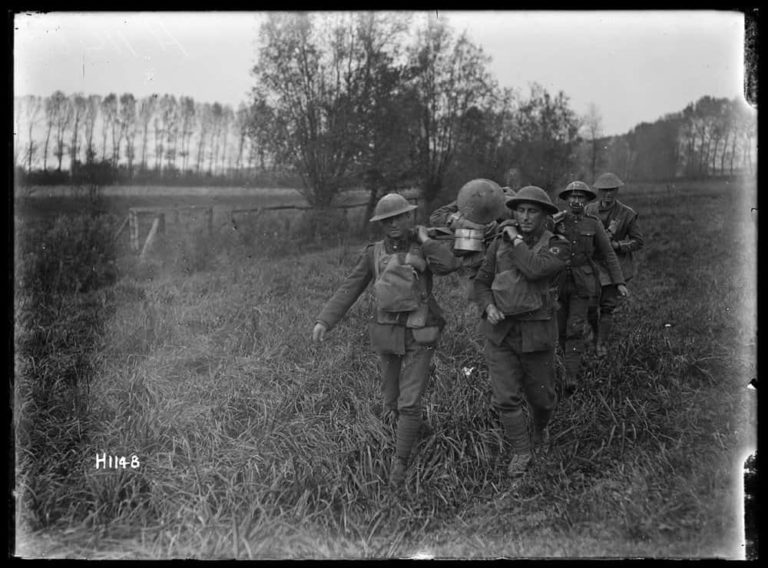 New Zealand stretcher bearers removing the wounded at Le Quesnoy, World War. Photographed by Captain H. A Sanders. H1148. NZ RSA Collection. Alexander Turnbull Library, Wellington, New Zealand.